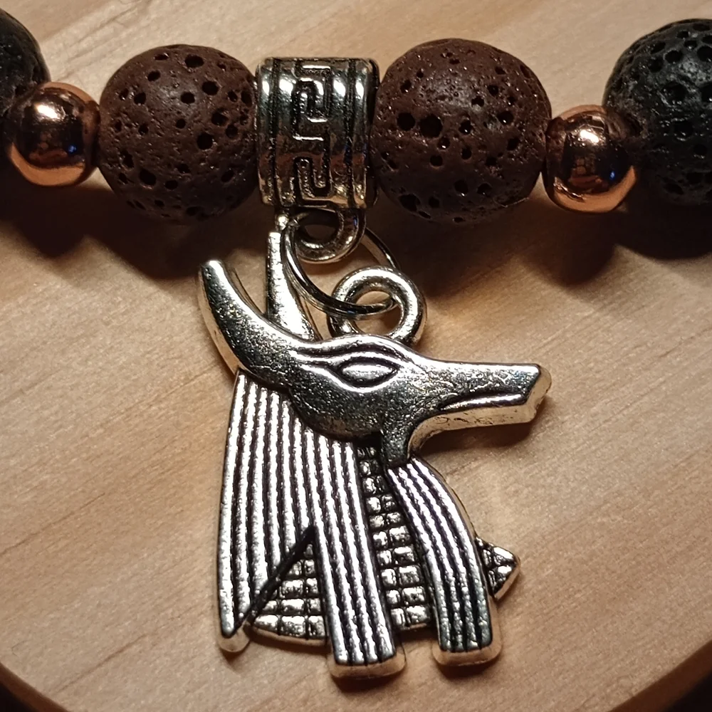 Anubis Charm And Lava Stone Beaded Bracelet - Black and Brown - Picture 2 of 4